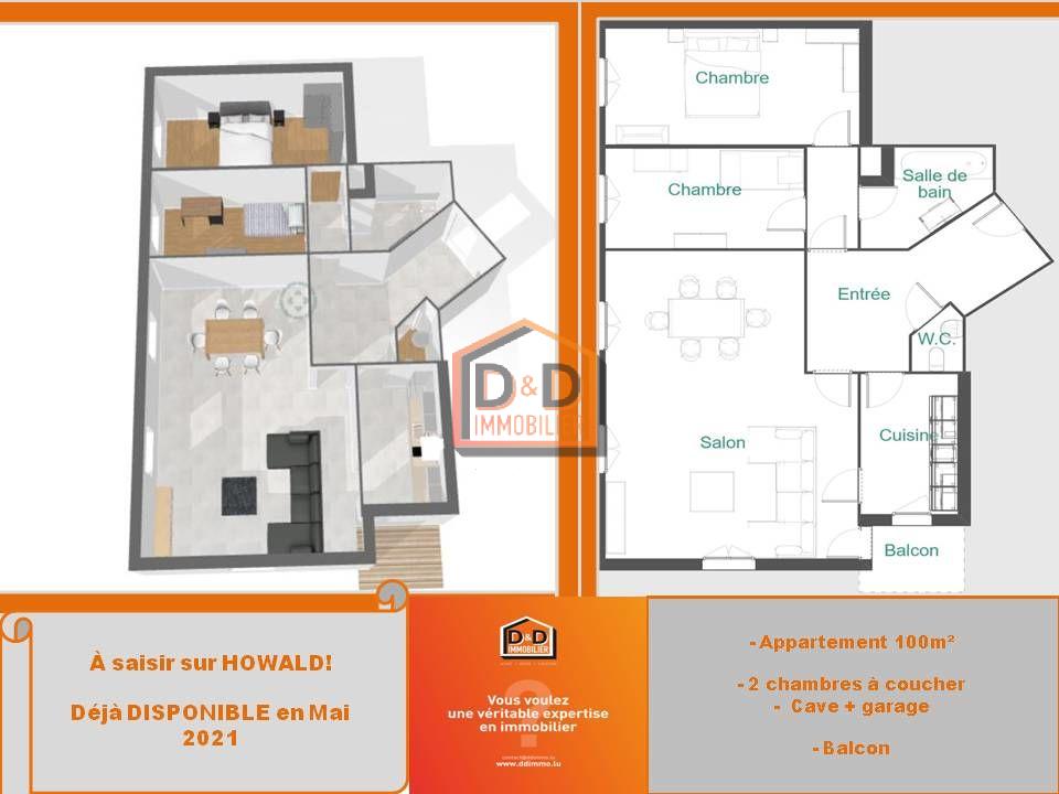 Appartement à Howald, 100 m², 2 chambres, 1 salle de bain, 1 garage, 1 700 €/mois